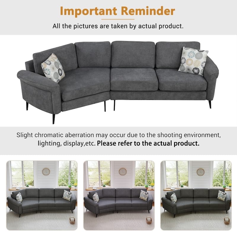 111" Modern Upholstered 3-seater Curved Sofa Couch with 2 Printed Pillows for Living Room