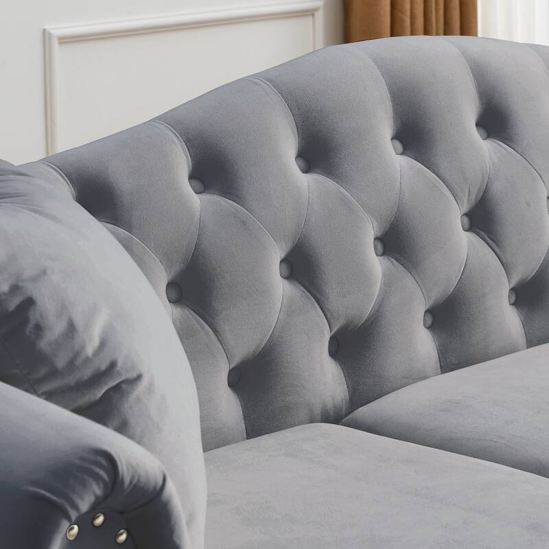 Classic Chesterfield 3-Seater Velvet Sofa with Rolled Arms and Nailhead for Living Room