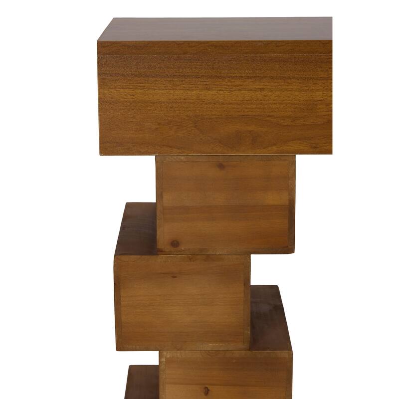 Geometric Block Stacked Wood Console Table with Warm Natural Finish