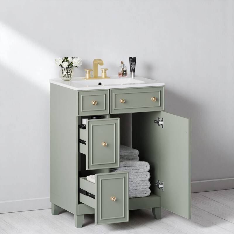 24" Bathroom Vanity with Ceramic Sink, 2 Drawers, Soft-Close Door, Freestanding Cabinet for Small Spaces, MDF and Wood