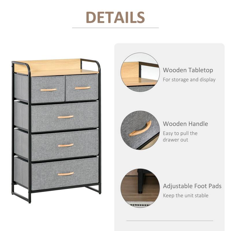 HOMCOM 5-Drawer Dresser Tower 4-Tier Storage Organizer with Steel Frame Wooden Top for Bedroom Hallway Closets