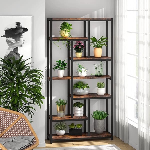 slide 2 of 11, Industrial 78.7" Tall Bookcase, 10-shelf Open Display Bookshelf Storage Organizer - 39.37”(L) x 11.8”(D) x 78.74”(H) Rustic Brown
