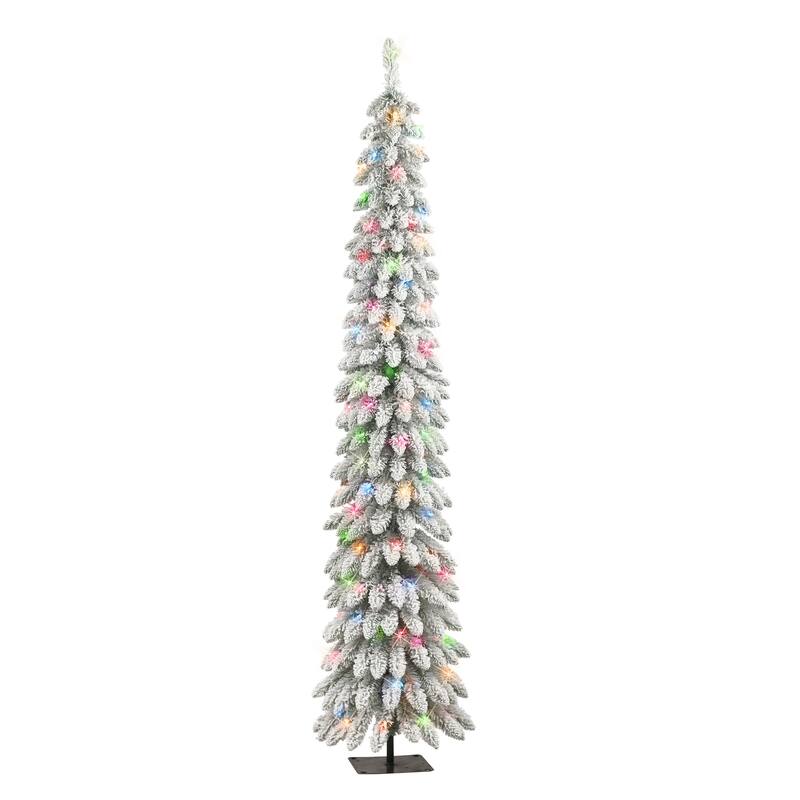 Puleo International 7 ft Pre-Lit Flocked Artificial Alpine Pencil Tree