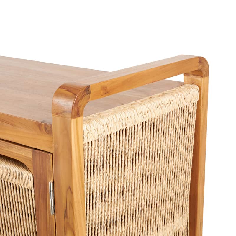 Teak Wood Handmade 3 Door Cabinet with Rattan Front and Sides - Brown - Roche River Decor - 18"W x 63"L x 32"H