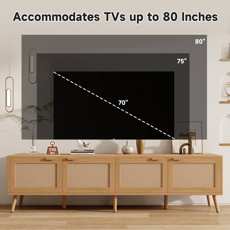 70" Wood TV Stand with Rattan Doors, Media Console, Entertainment Center with Storage for TVs up to 80", Living Room TV Cabinet