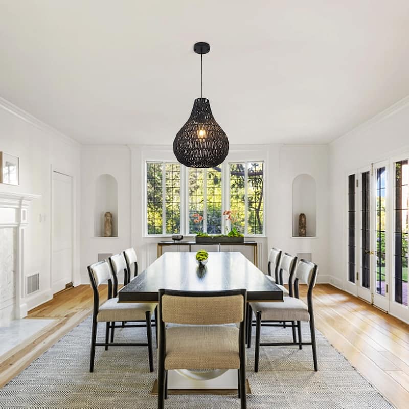 1-Light Cage Hanging Pendant Light Chandelier with Paper Rattan Shaded for Kitchen Island