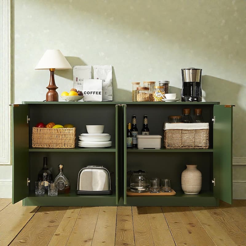 59 Inch Modern Wavy Sideboard Cabinet, 4 Door Curved Storage Console with Wood Grain Top for Living Room