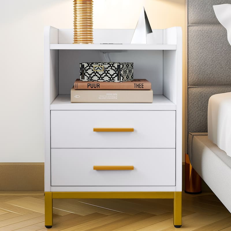 Moasis Modern LED Nightstand Set of 2 with Drawer and Storage Shelf, Bedside Table with Charging Station