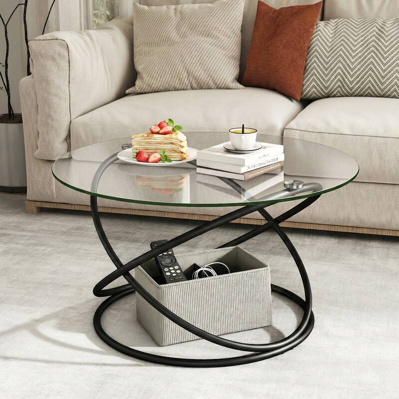 Tempered Glass Top Round Coffee Table with Metal Base