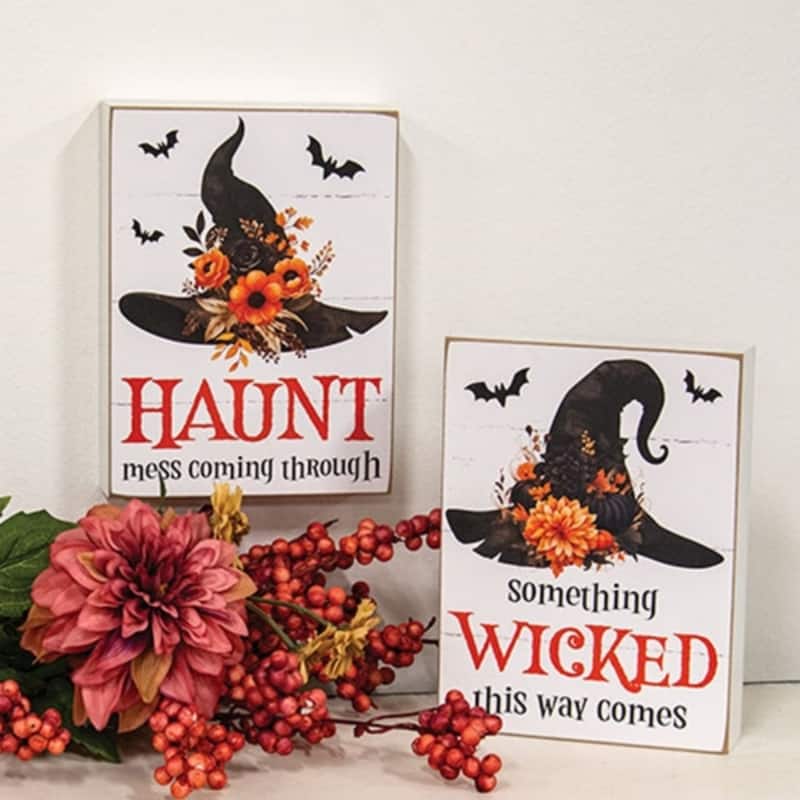 Halloween Witch Hat Floral Wood Box Signs - 2 Asstd.