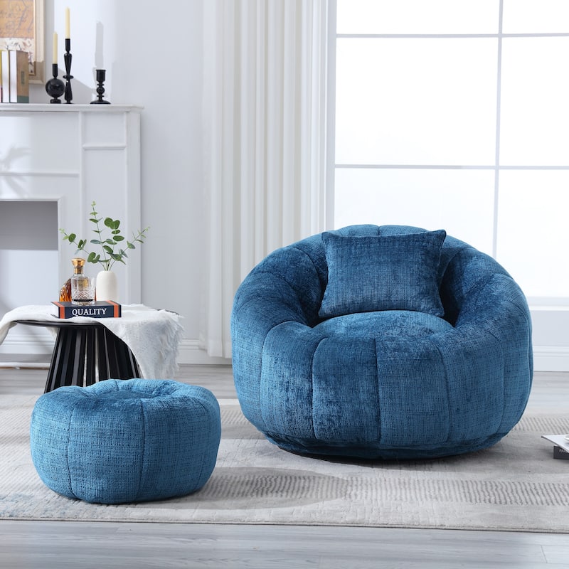 HOMEFUN Chenille Upholstered Round Lazy Cozy Bean Bag Chair with Ottoman and a Pillow - Navy+Rotate Base