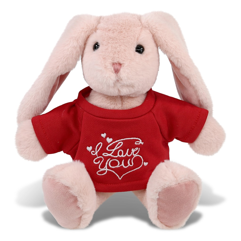 DolliBu I LOVE YOU Super Soft Baby Pink Rabbit Plush with Red Shirt - 8 inches