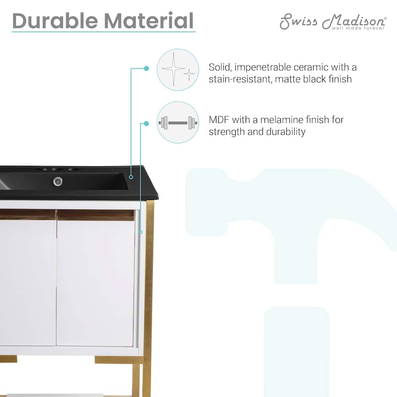 Marseille 24 In. White Bathroom Vanity With Black, 3-Hole Ceramic Sink Top