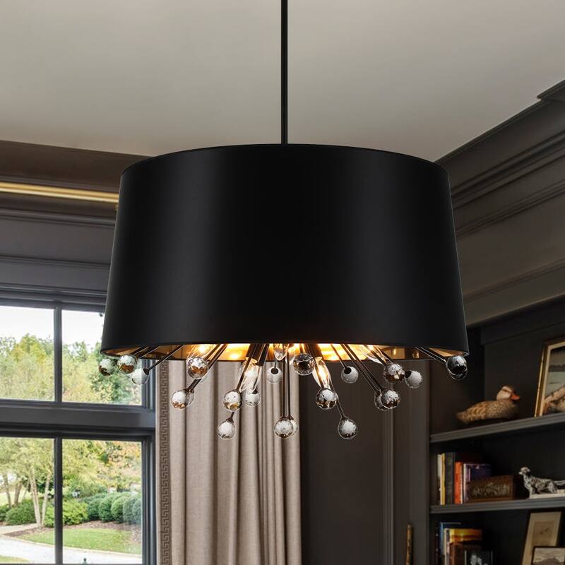 Statement Luxury Crystal Wide Black Fabric Drum Lantern Chandelier - 30.7 in