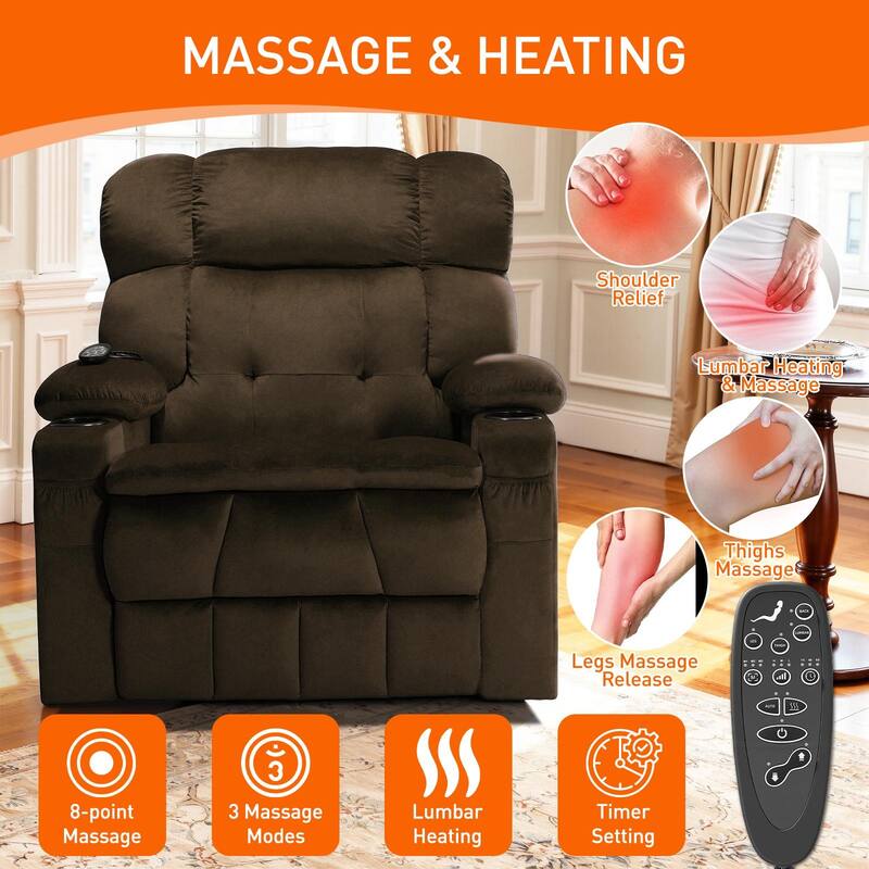 35" Wide Quiet Lift Velvet Recliner w/Massage and Heat