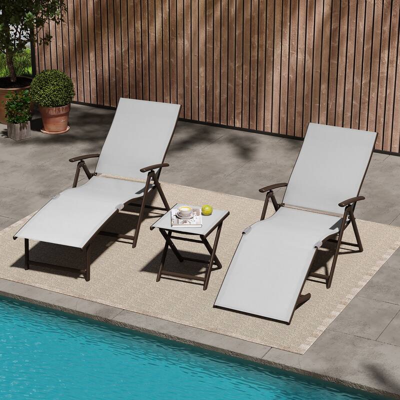 VredHom Outdoor Portable Folding Chaise Lounge Chair with Table (Set of 3) - 70" L x 20" W x 14" H