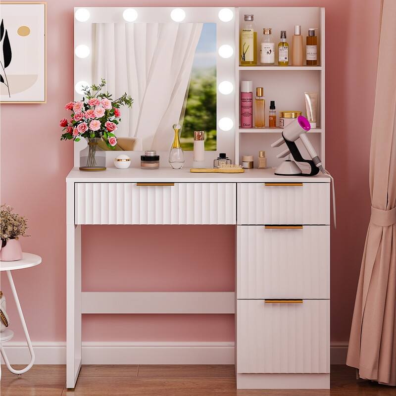 Particle Board Veneered with Textured Melamine 4-drawer 2-shelf with 10 Three-color Dimmable Bulbs Dressing Table - N/A