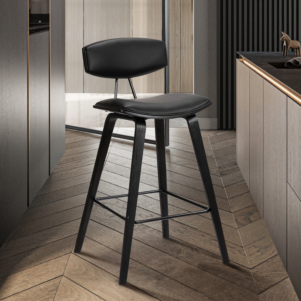 Fox 29" Bar Height Mid-Century Modern Bar Stool, Black Faux Leather and Black Wood