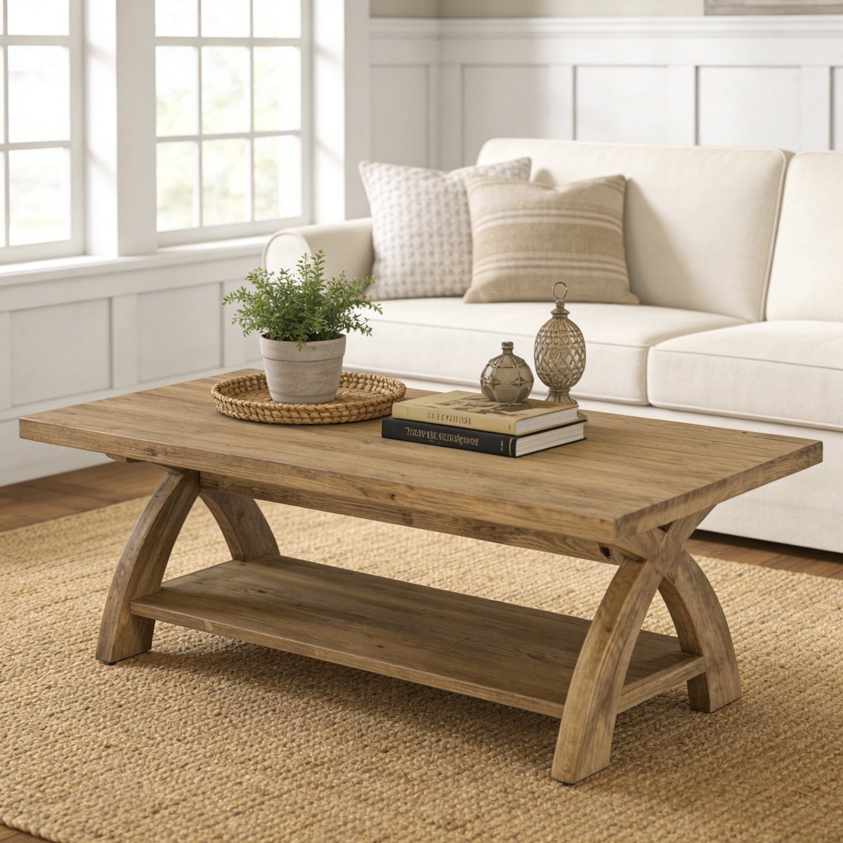 47" Solid Wood Coffee Table, Rectangular Center Table With Storage Shelf