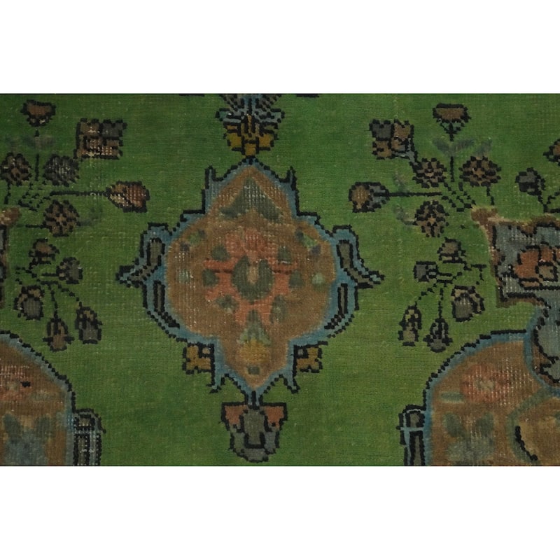 Hand Knotted Oriental 100% Wool Carpet Traditional Floral Green Tabriz Area Rug - 8' 10'' X 6' 3''