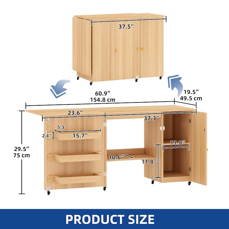 Moasis 61" Wide Folding Sewing Table and Craft Table with Storage and Charging Station