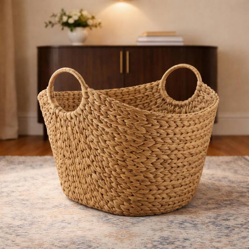 Extra Large Hand Woven Water Hyacinth Storage Basket Shelf Organizer Rectangular Wicker Baskets with Handles 19 x 16 x 14 inches
