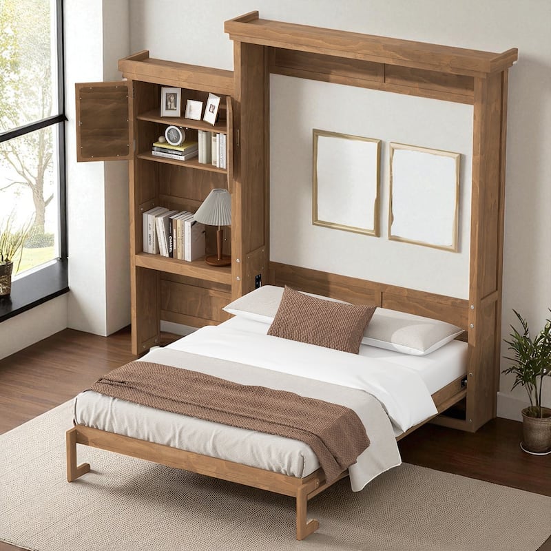 Queen Murphy Wall Bed with Storage Shelves, Louvered Design, Solid Pine/MDF, 600 lb Capacity, 8-10 in Mattress