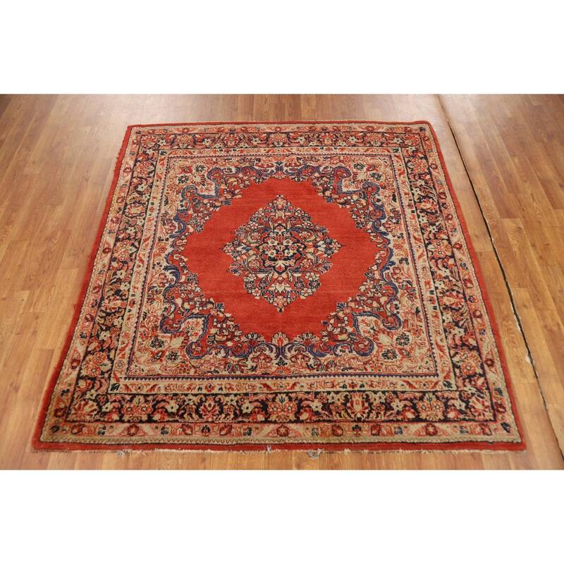 Orange Medallion Sarouk Persian Square Rug Handmade Wool Carpet - 5'1"x 5'2"