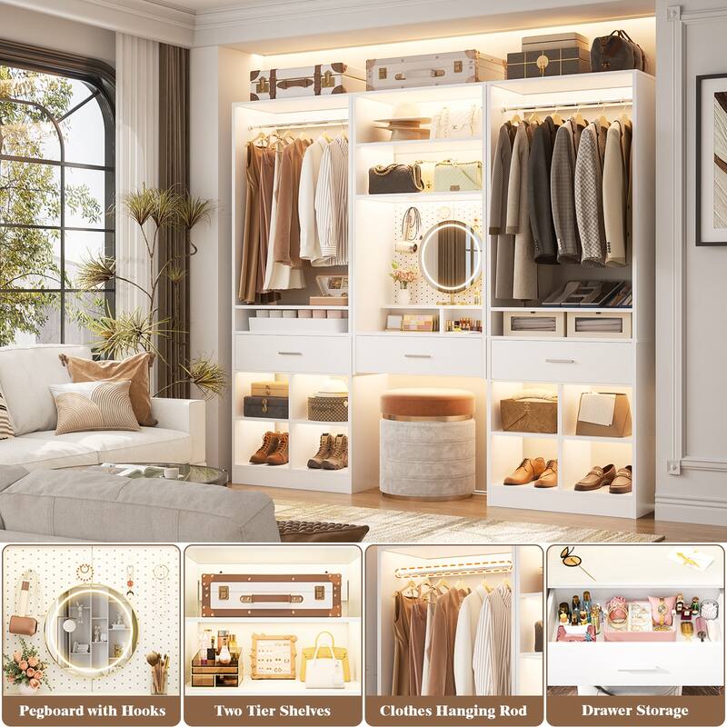 Set of 2 Closet System with Hanging Rod and 11 Open Shelves,Walk-in Closet Organizer with 2 Wooden Drawers and Magnetic Pegboard