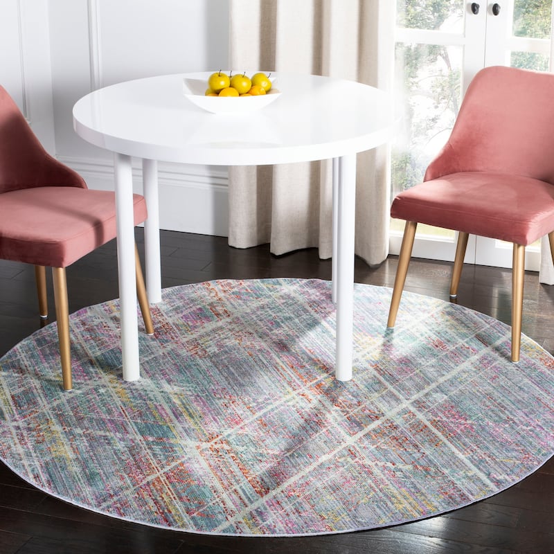SAFAVIEH Windsor Cecilie Shabby Chic Oriental Polyester Rug with - 6' Round - Ivory/Aqua