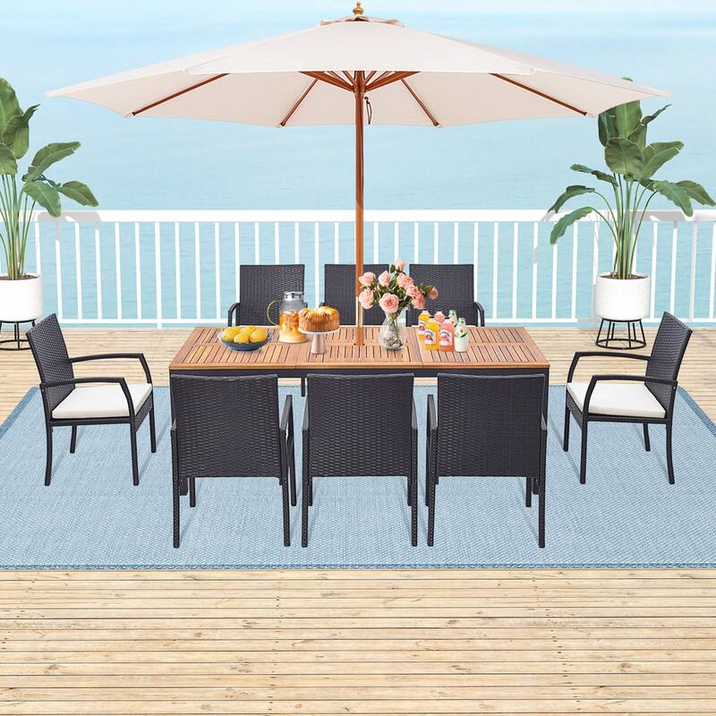 Costway 9 PCS Patio Rattan Dining Set with Acacia Wood Table, - See Details