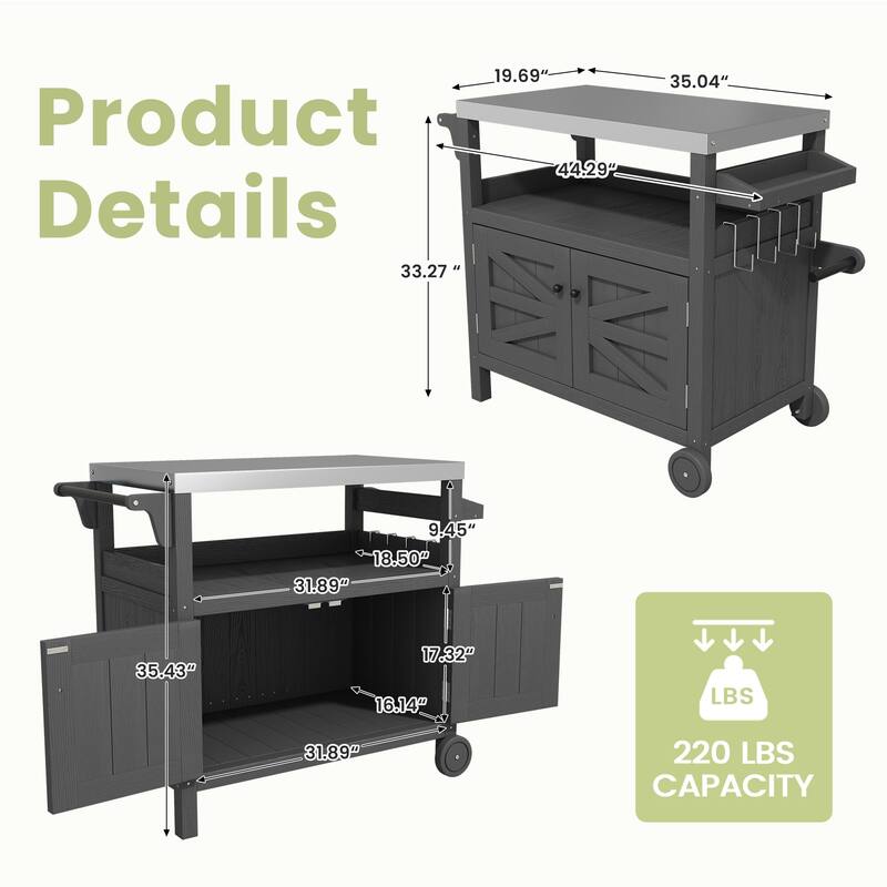Outdoor Kitchen Cart with Stainless Steel Top, HDPE Patio Serving Cart with Storage