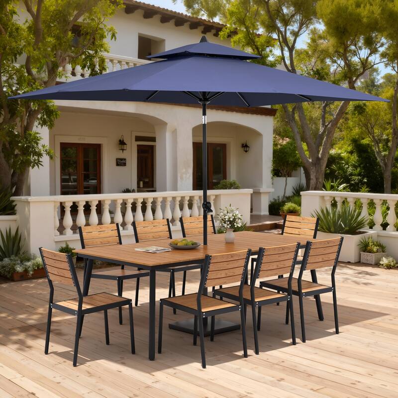 11PC Outdoor Patio Dining Set Aluminum Table with Stackable Chairs w/ Market Umbrella Set - BrownTable&BrownChairs&NavyBlueUmbrella