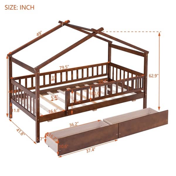 dimension image slide 3 of 4, Wooden Twin Size House Bed with Roof, Guardrail and Drawers