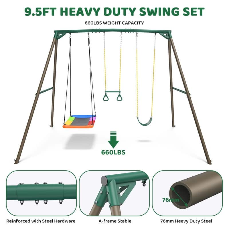 9.5' Heavy Duty Metal Swing set for Backyard with Platform Swing, Belt Swing, and Trapeze Bar