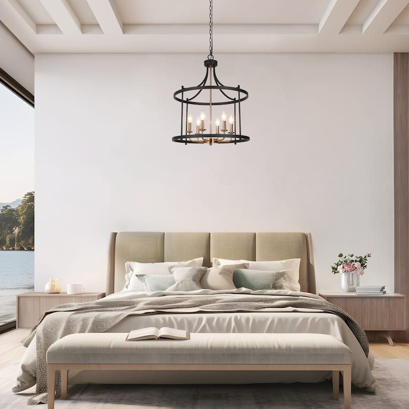 Modern 6-Light Drum Chandelier Black Gold Lantern Pendant for Dining Room Foyer - 21.5'' D x 27'' H
