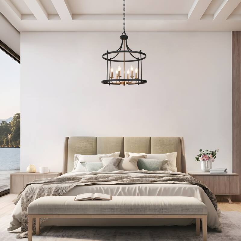 Modern 6-Light Drum Chandelier Black Gold Lantern Pendant for Kitchen Island Foyer - 21.5'' D x 27'' H
