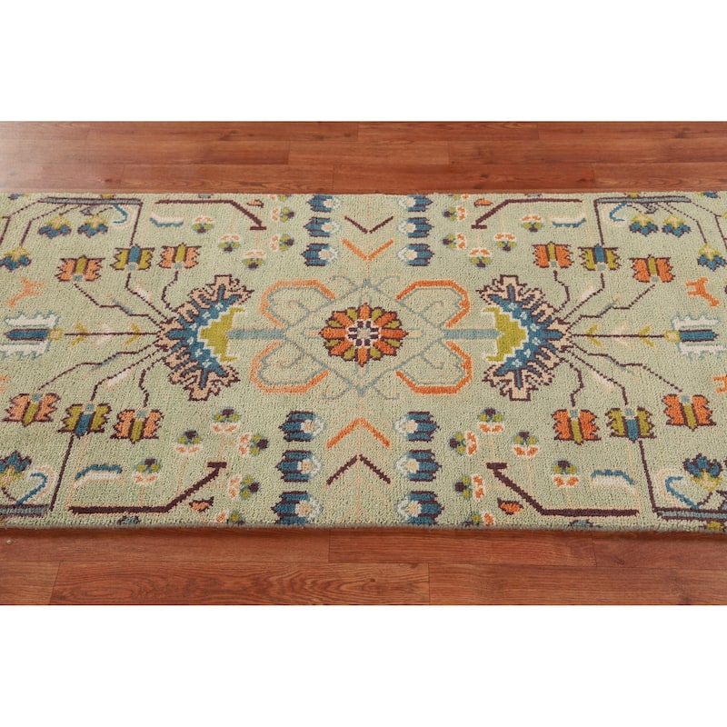 Hand Knotted Oriental 100% Wool Carpet Transitional Tribal Green Oushak Runner Rug - 8' 2'' X 2' 7''