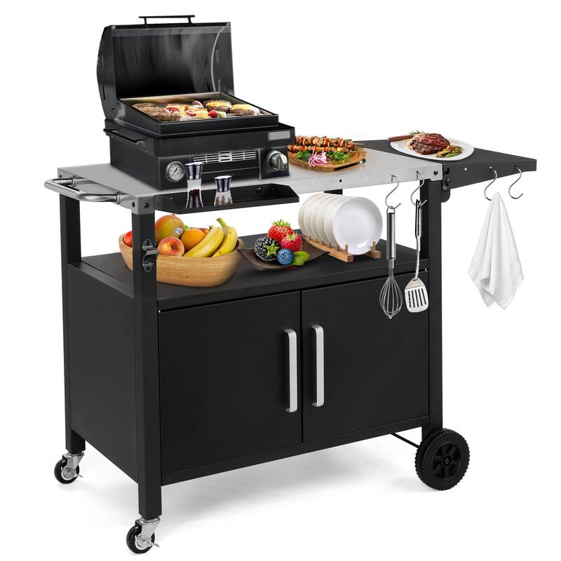 Outdoor Grill Cart with Foldable Side Table Iron Frame, Mobile BBQ Station with Storage Cabinet, Spice Rack & Lockable Wheels - Black