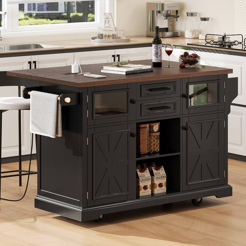 Farmhouse 54.9" Kitchen Island with Drop Leaf and Power Outlet, Stylish Storage Cart with Barn Doors - Black
