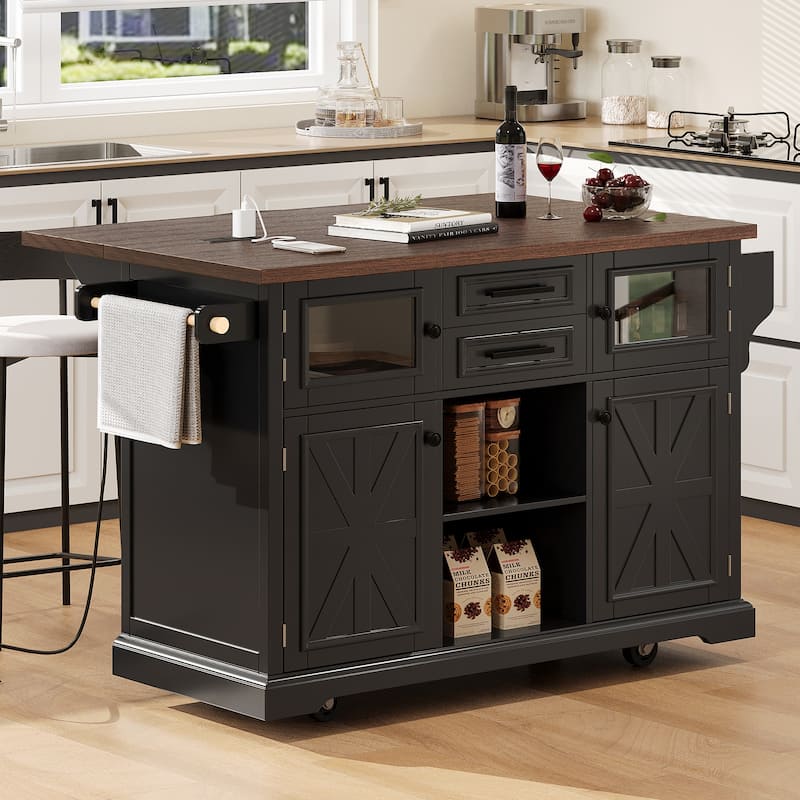 Kitchen Island with Drop Leaf, Power Outlet and 4 Door Shelves