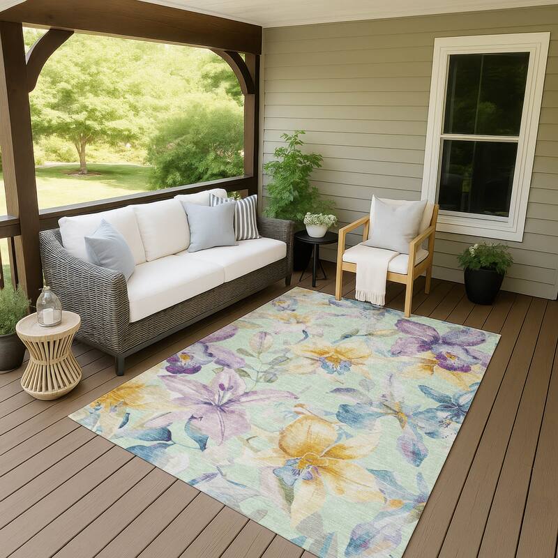 Machine Washable Indoor/ Outdoor Modern Floral Chantille Rug - Mint - 5' x 7'6"
