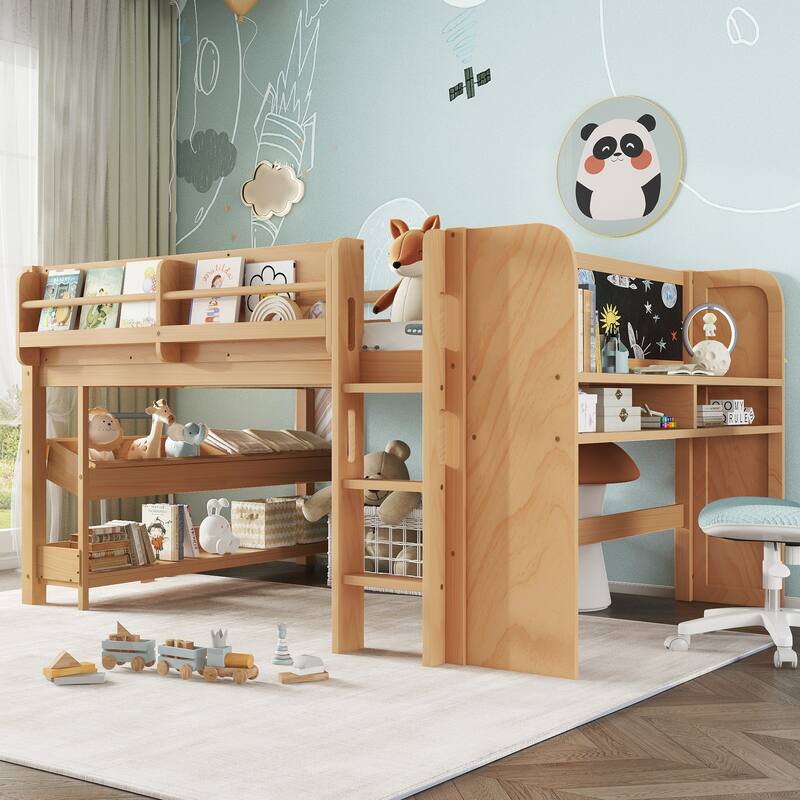 Full/Twin Size Loft Bed with Built-in Desk, Multi-Storage Bookcases & Blackboard, Solid Wood Low Loft Bed Frame - Natural - Full