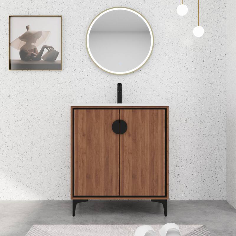 BNK 24/30 inch Freestanding Single Sink Bathroom Vanity with Soft Close Door and 1 Adjustable Shelf - 30''W - Brown
