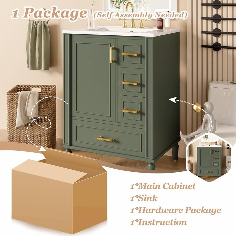 24" Modern Bathroom Vanity with Ceramic Sink, Soft-Close Door, 3 Drawers, Gold Handles & Door Rack