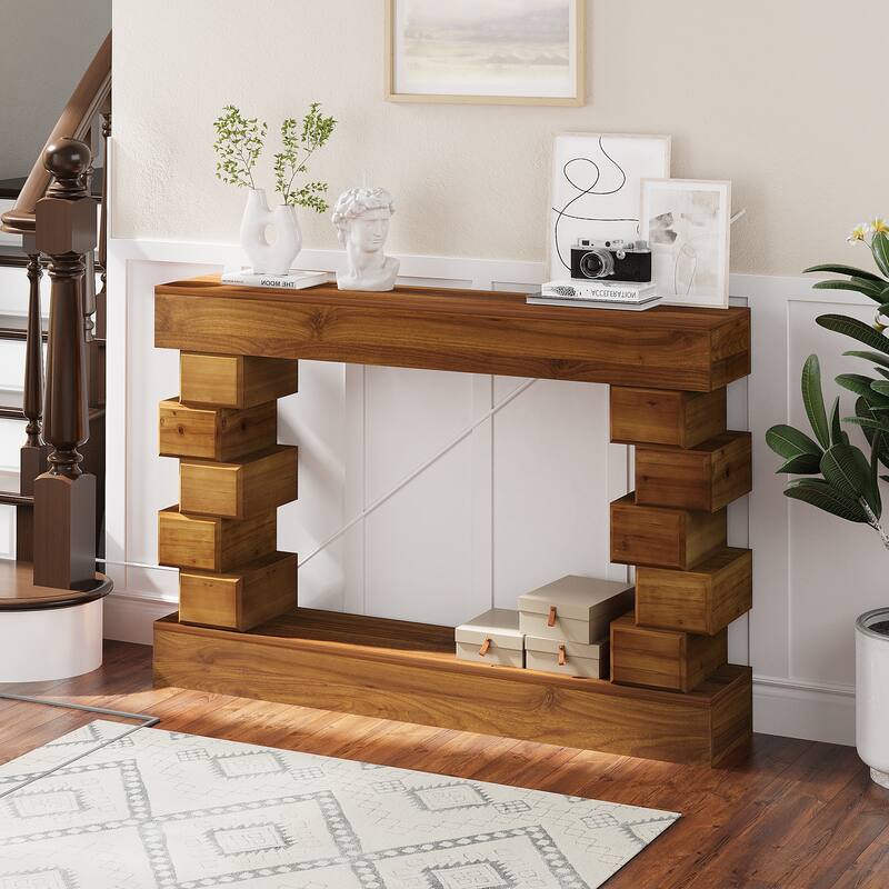 Geometric Block Stacked Wood Console Table with Warm Natural Finish