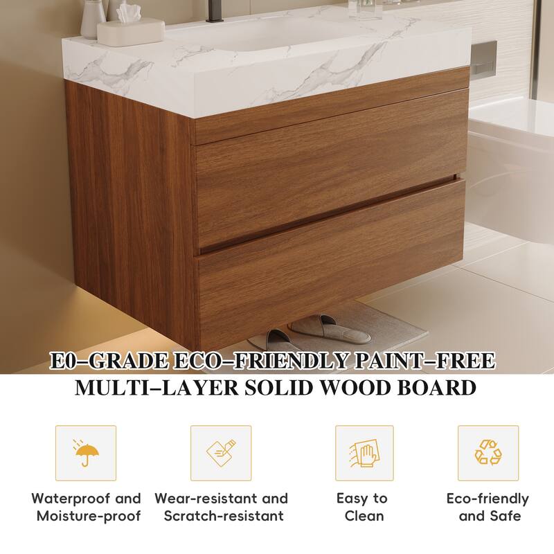 29.9" Modern Floating Bathroom Vanity - Faux Marble Top with Ceramic Undermount Sink, Wall-Mounted for Small Bathrooms
