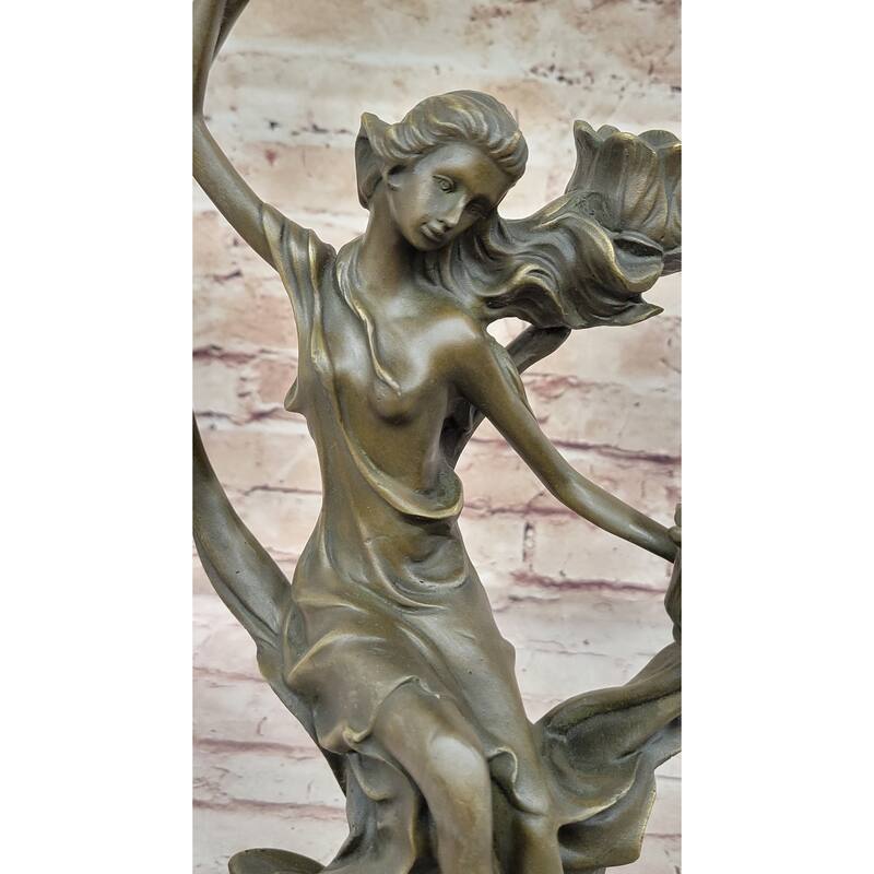 Art Nouveau Candle Holder Candelabra Female Figure Bronze Sculpture By Kin