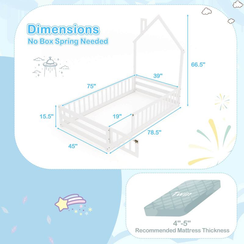 Costway Twin Size Montessori Floor Bed for Toddler with Lockable Door