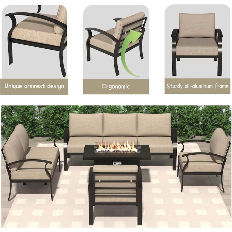 Kullavik Aluminum Outdoor Patio Furniture with Curved Armrests & Firepit Table